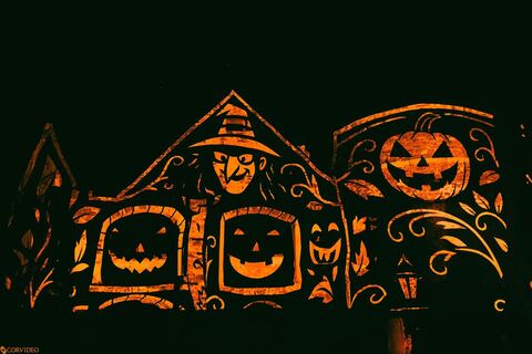 Świecący mapping dyń i wiedźmy na murach zamku nocą
